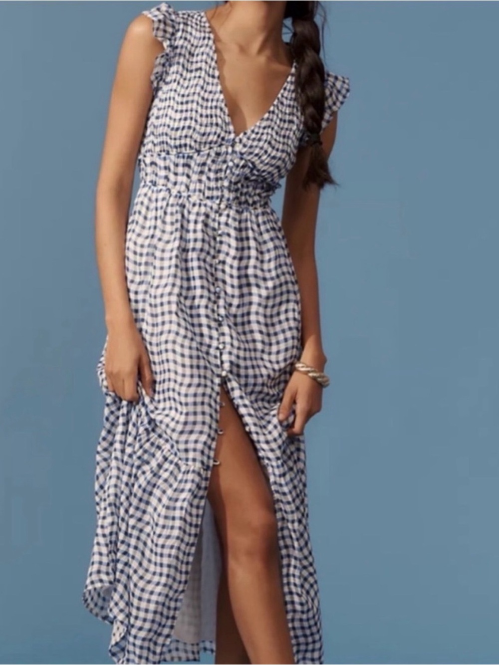 Anthropologie Peregrine  Blue and White Gingham Ruffle-Shoulder Maxi Dress